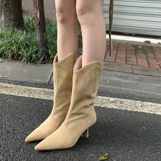 Pointed-toe Retro Western Cowboy Boot Slimming Suede Mid Boots