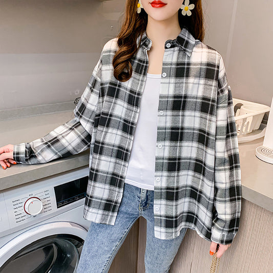 Women's Black And White Plaid Long Sleeve Shirt