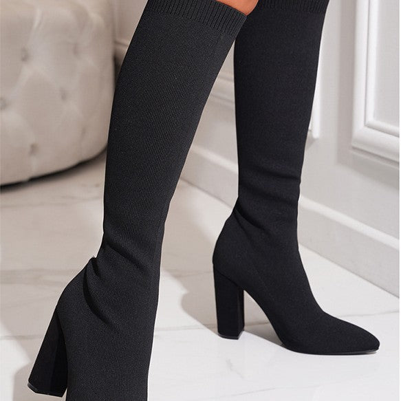 Autumn And Winter Large Size Women's Shoes Pointed Toe Chunky Heel Stretch Below The Knee