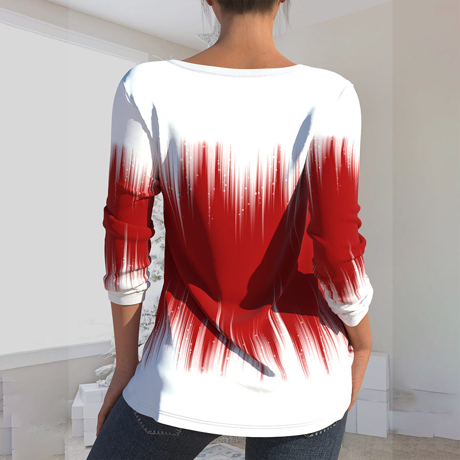 Women's Hollow V Long Sleeve Printed T-shirt Shirt