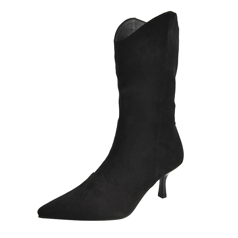 Pointed-toe Retro Western Cowboy Boot Slimming Suede Mid Boots