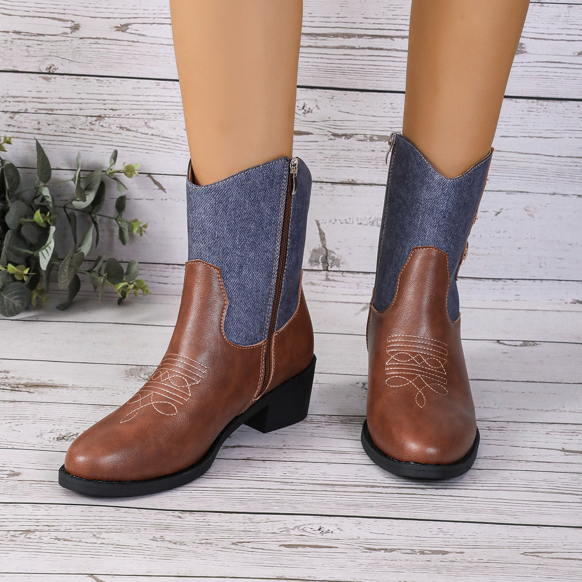 New Denim Patchwork Western Cowboy Boots Women Autumn And Winter Retro Chelsea Boots Pointed Toe Mid-calf Square Heel Shoes