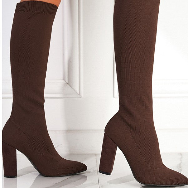 Autumn And Winter Large Size Women's Shoes Pointed Toe Chunky Heel Stretch Below The Knee