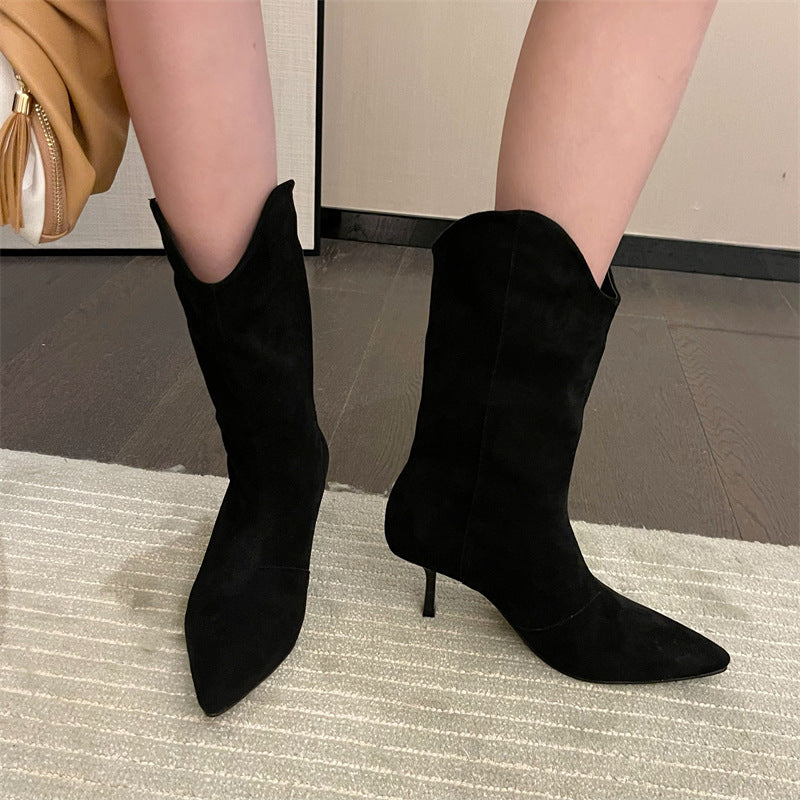 Pointed-toe Retro Western Cowboy Boot Slimming Suede Mid Boots