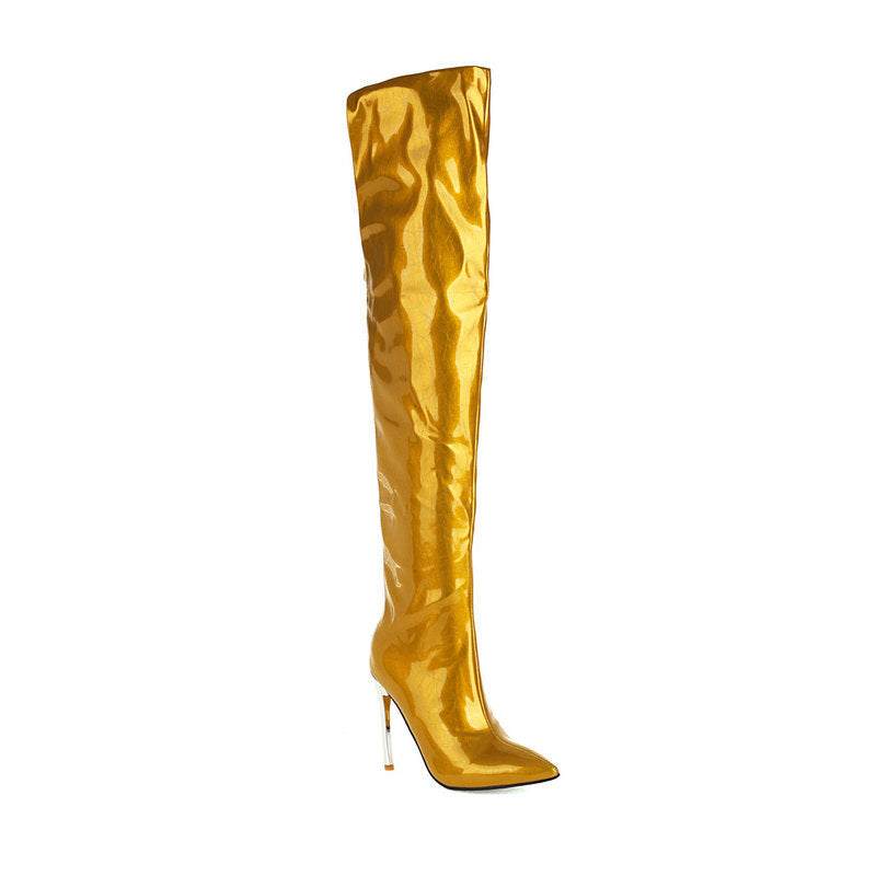 Foreign Trade Women's Bright Leather Pointed Toe Stiletto Heel Over-the-knee Gold Plus Size Boots