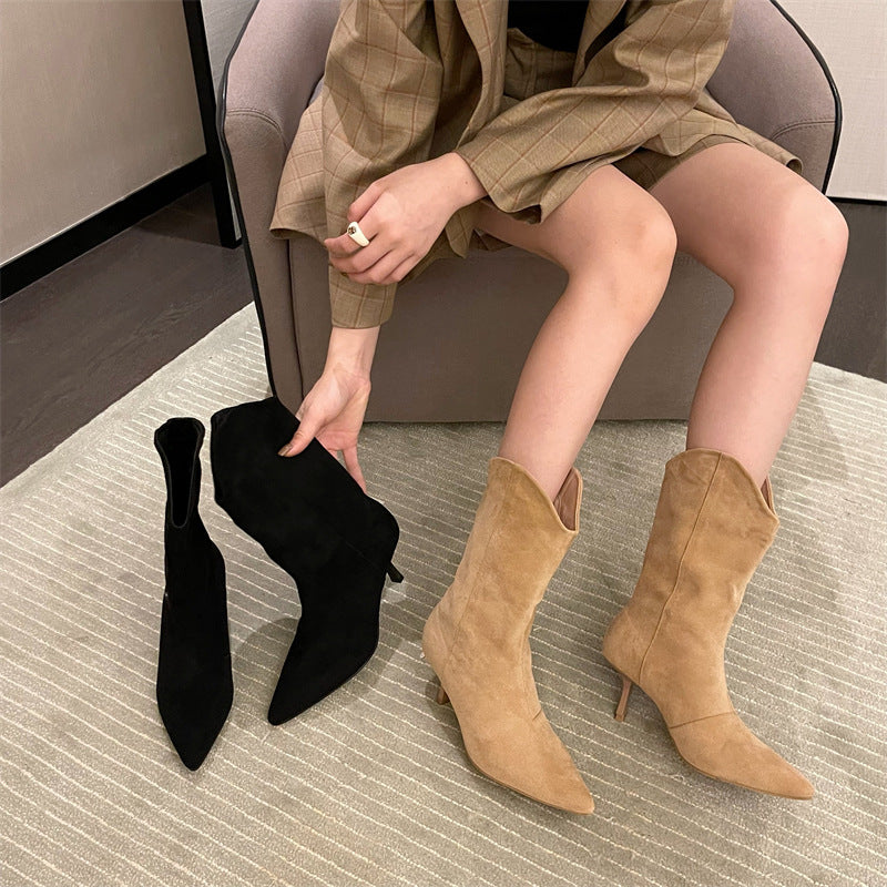 Pointed-toe Retro Western Cowboy Boot Slimming Suede Mid Boots