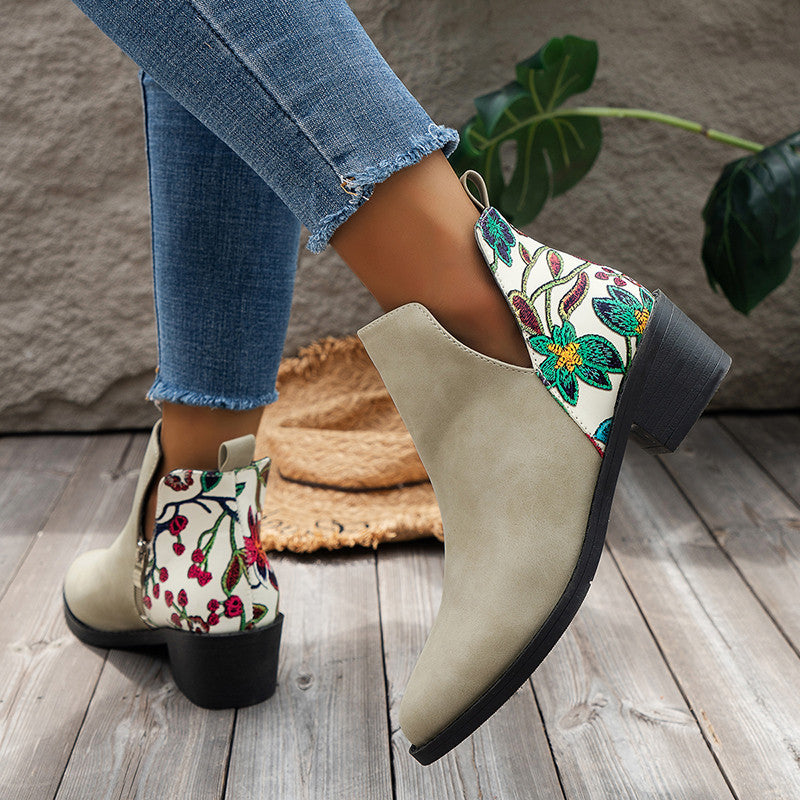 Flowers Printed Ankle Boots Fashion Side Zipper V-cut Square Heel Shoes For Autumn Winter Pionted Toe Boot Women