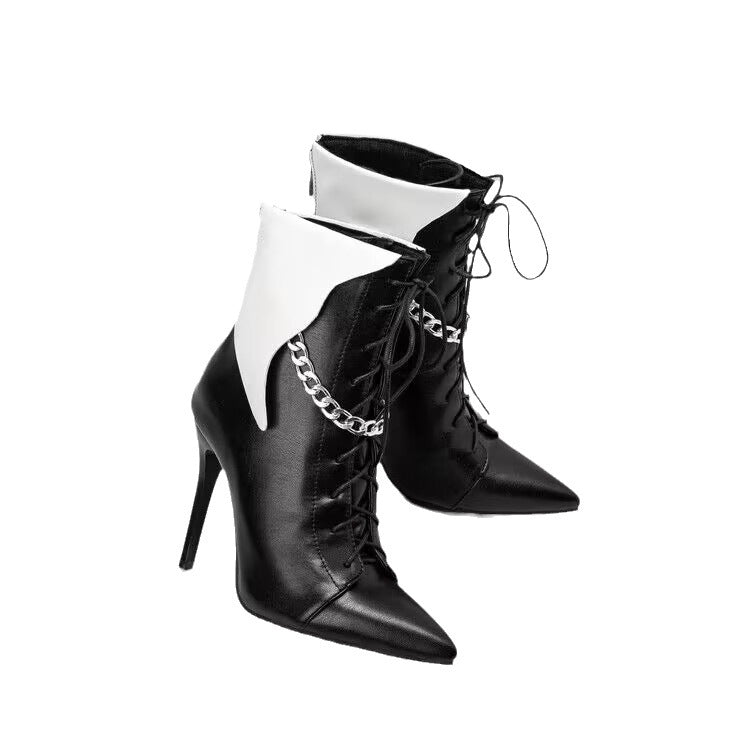 Women's Fashion Colorblock Stiletto Pointed Chain Ankle Boots