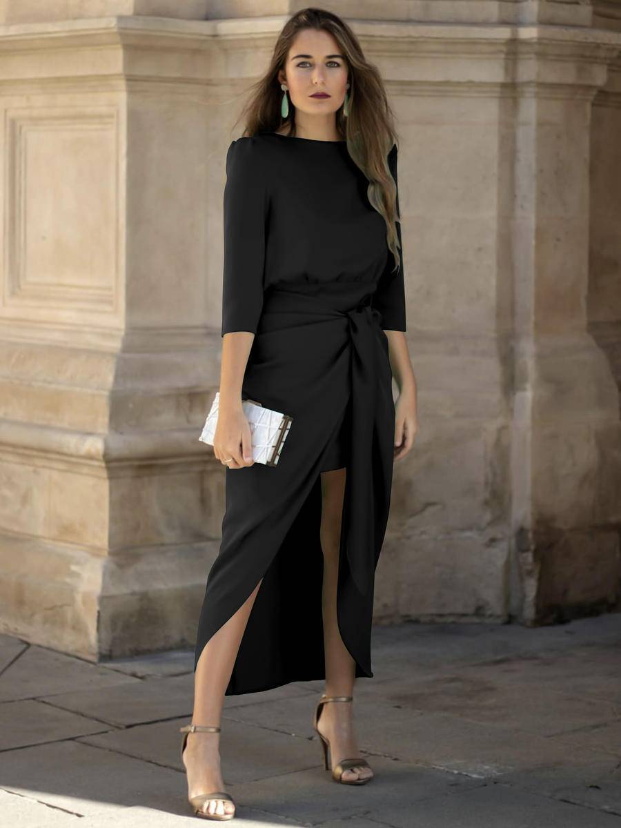 3/4 Sleeve Tie Waist Asymmetrical Dress