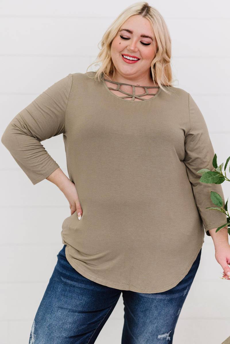 3/4 Sleeve Hollow Out Neckline Plus Size Top