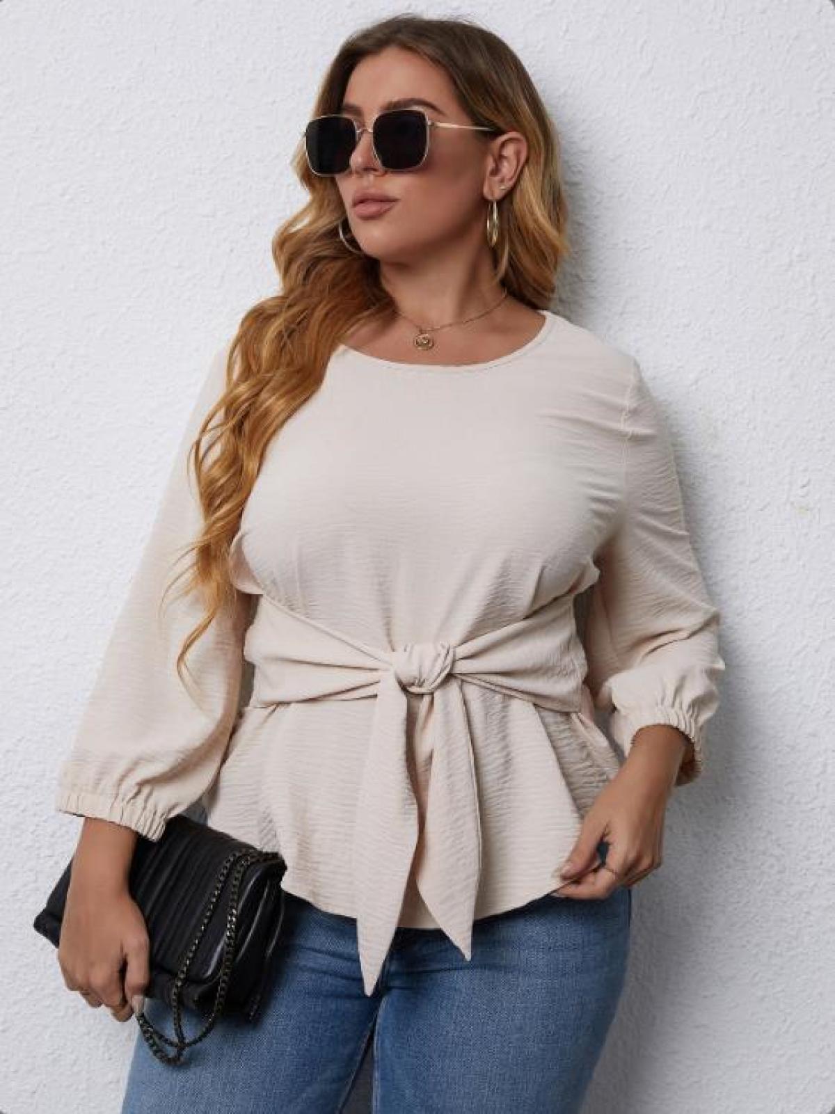 Plus Size Apricot Round Neck Regular Sleeve Tie Waist Blouse