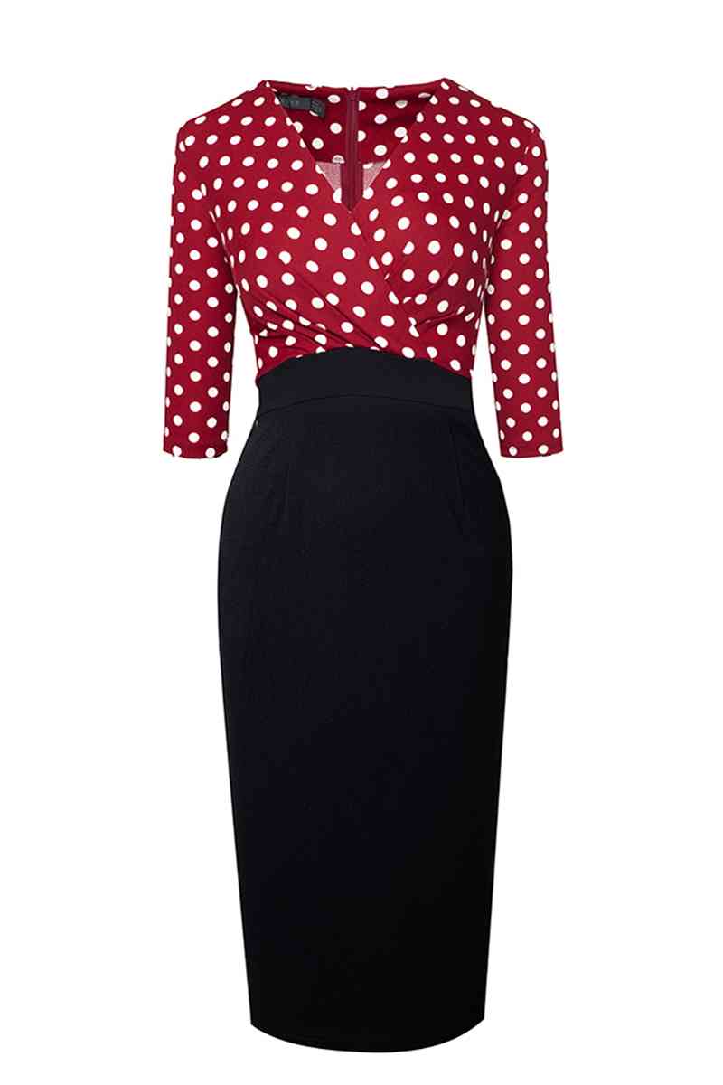 Surplice Neck Polka Dot Pencil Dress