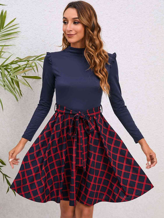 Plaid Tie Waist Ruffle Shoulder Dress