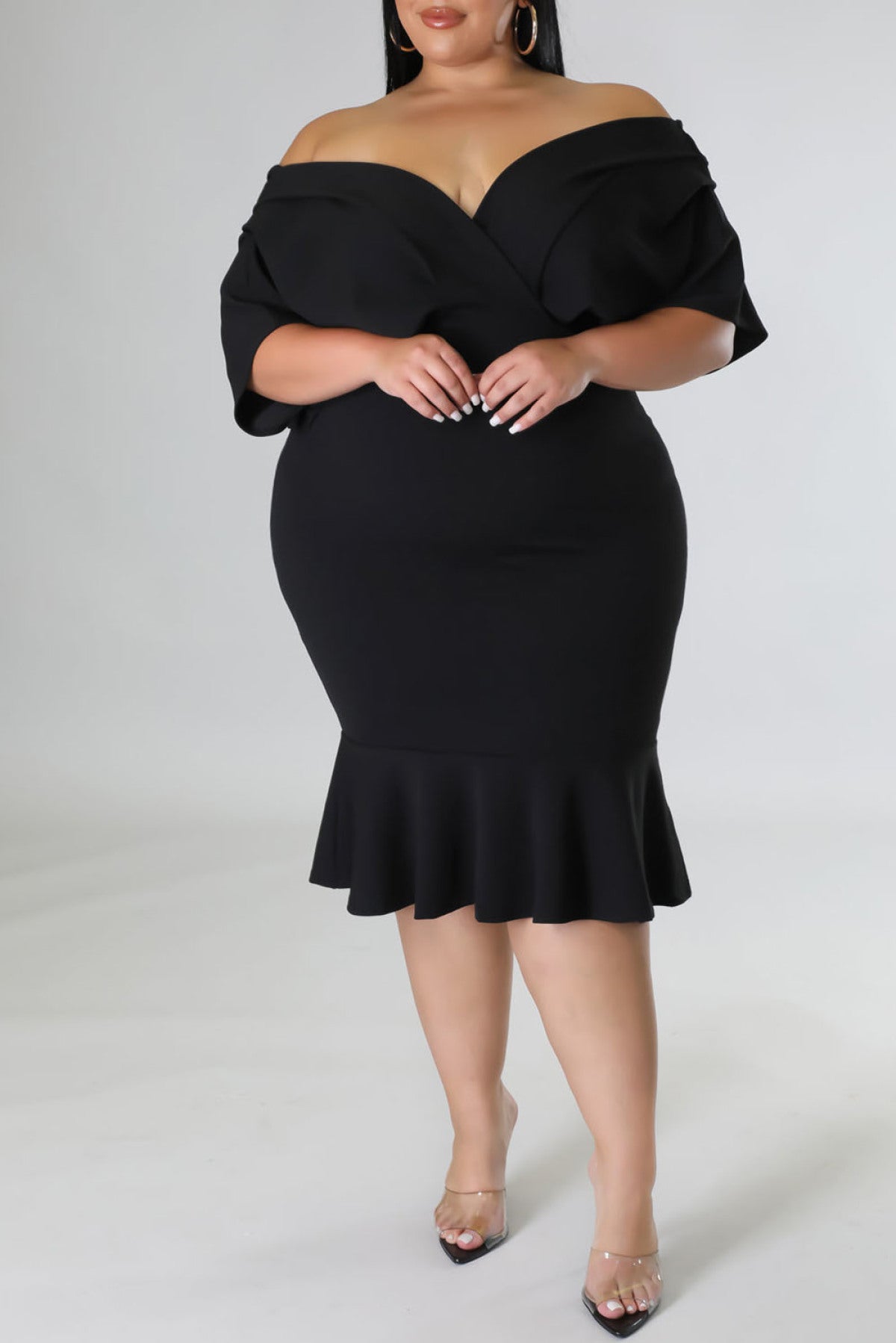 Plus Size Pleated V Neck Ruffle Hem Dress