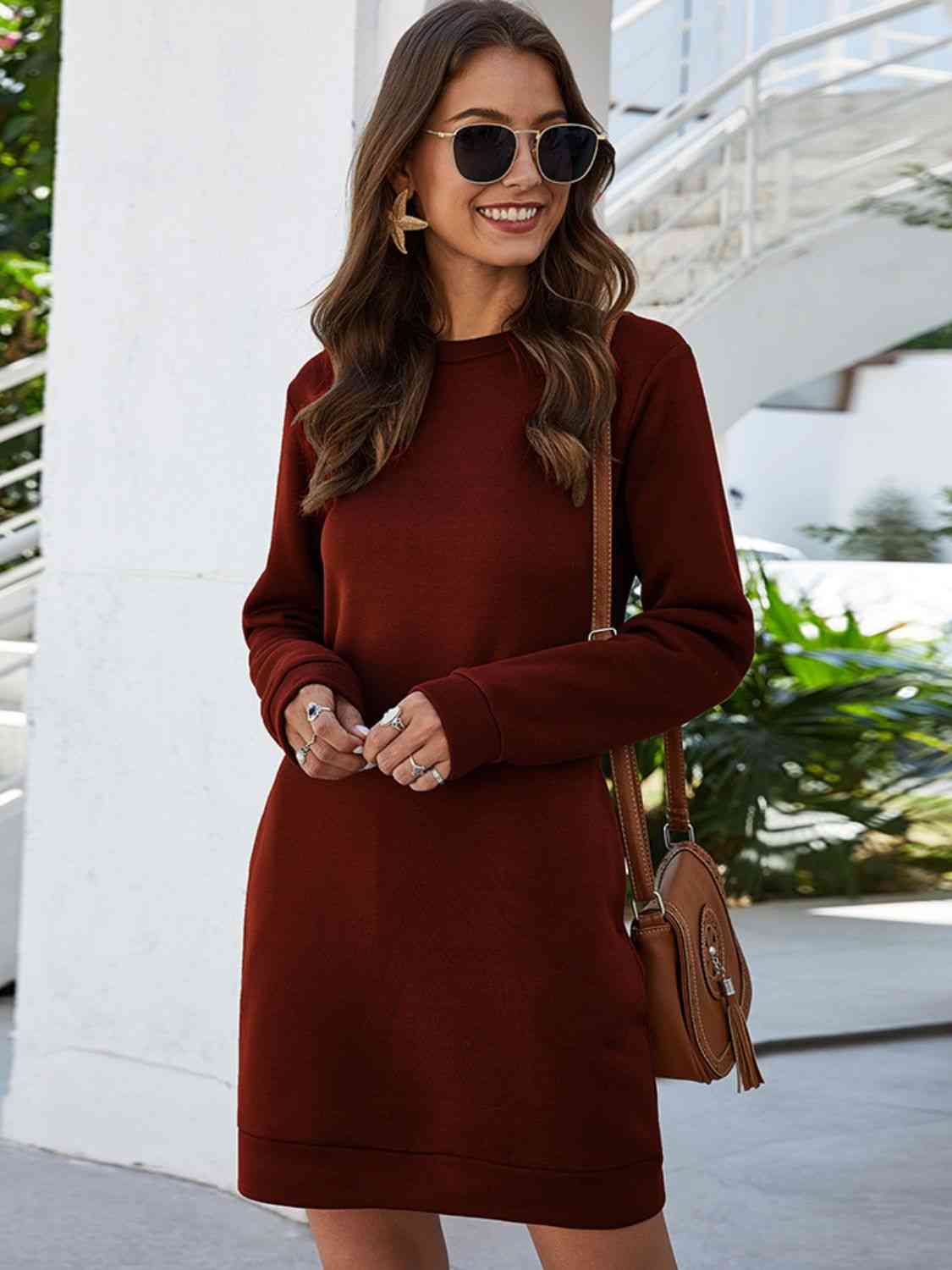 Round Neck Long Sleeve Mini Dress with Pockets