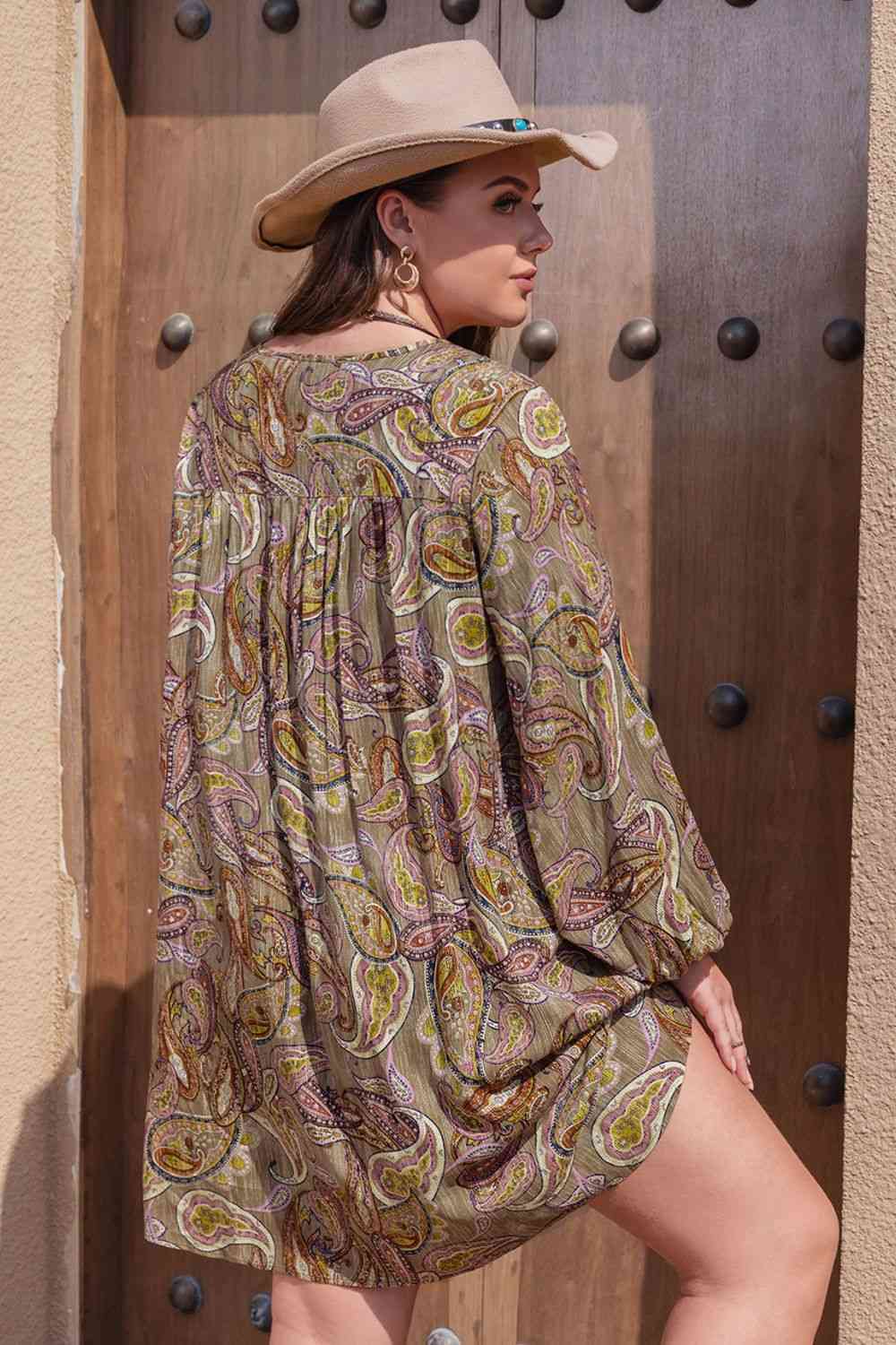 Plus Size Printed V-Neck Long Sleeve Midi Dress