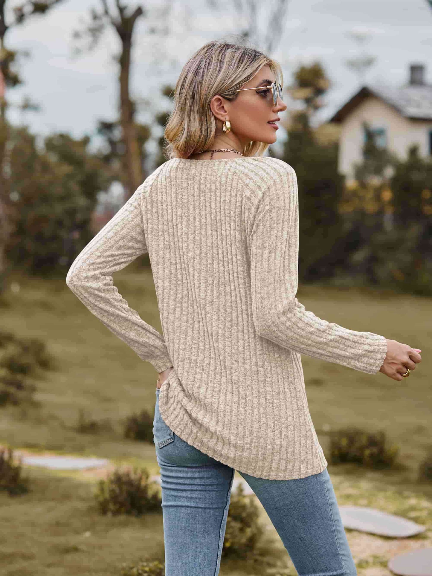 Ribbed Square Neck Long Sleeve Tee