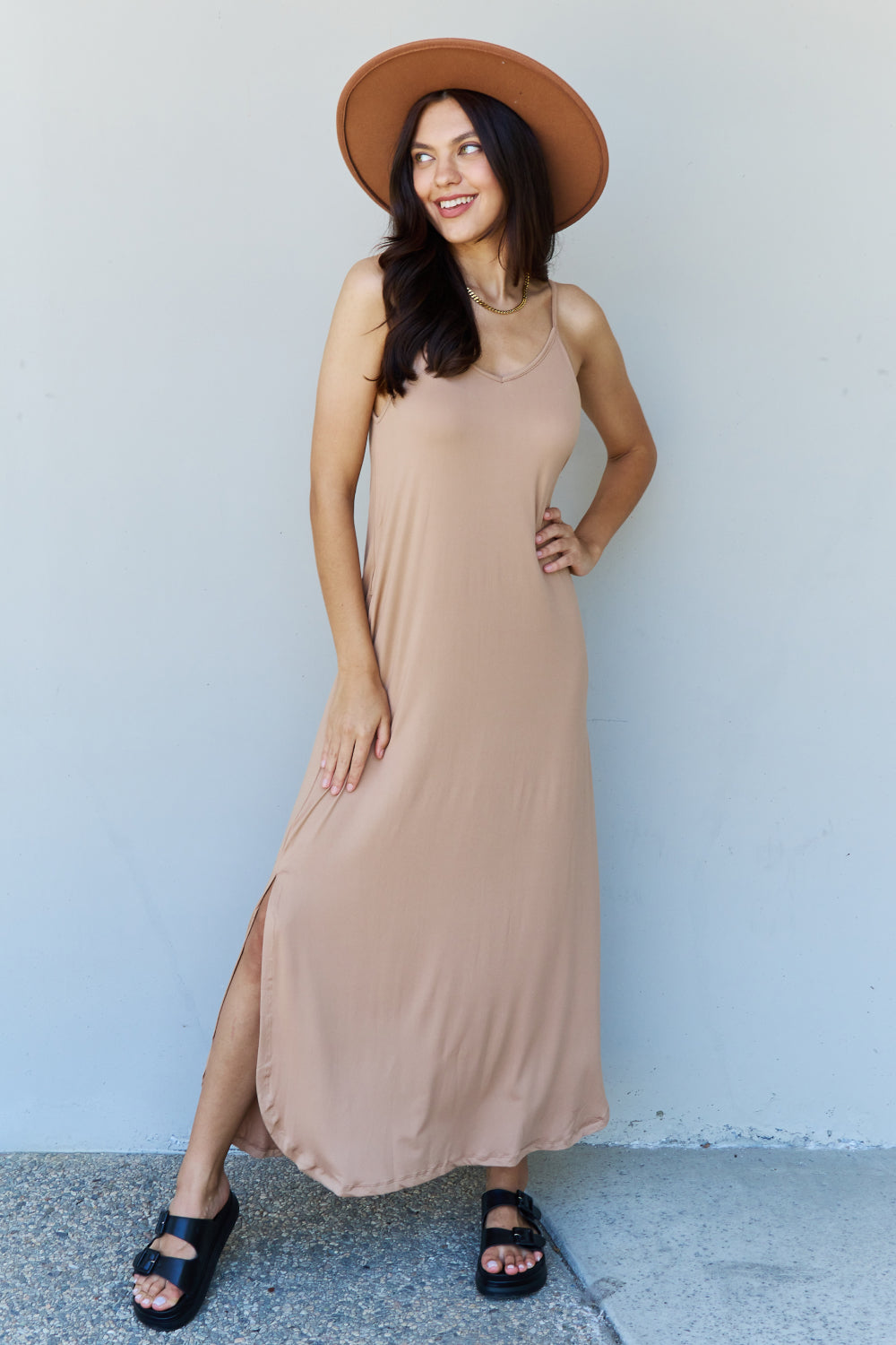 Ninexis Good Energy Full Size Cami Side Slit Maxi Dress in Camel