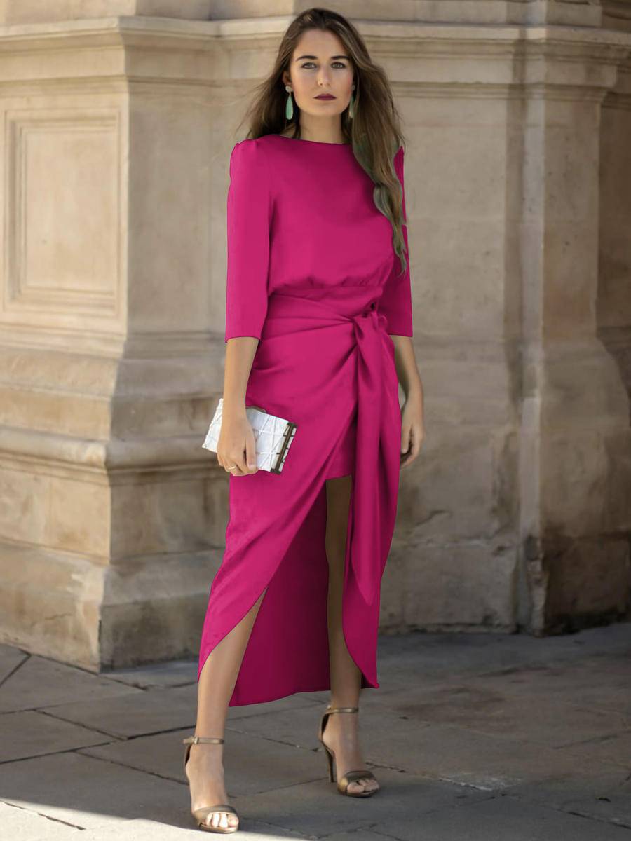 3/4 Sleeve Tie Waist Asymmetrical Dress