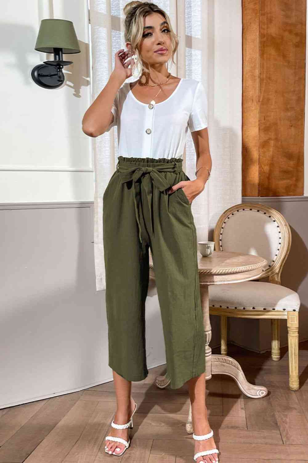 Round Neck Short Sleeve Top and Belted Pants Set