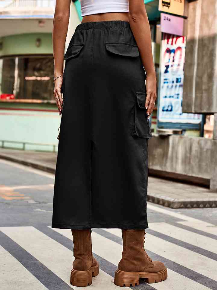 Drawstring Waist Slit Denim Skirt