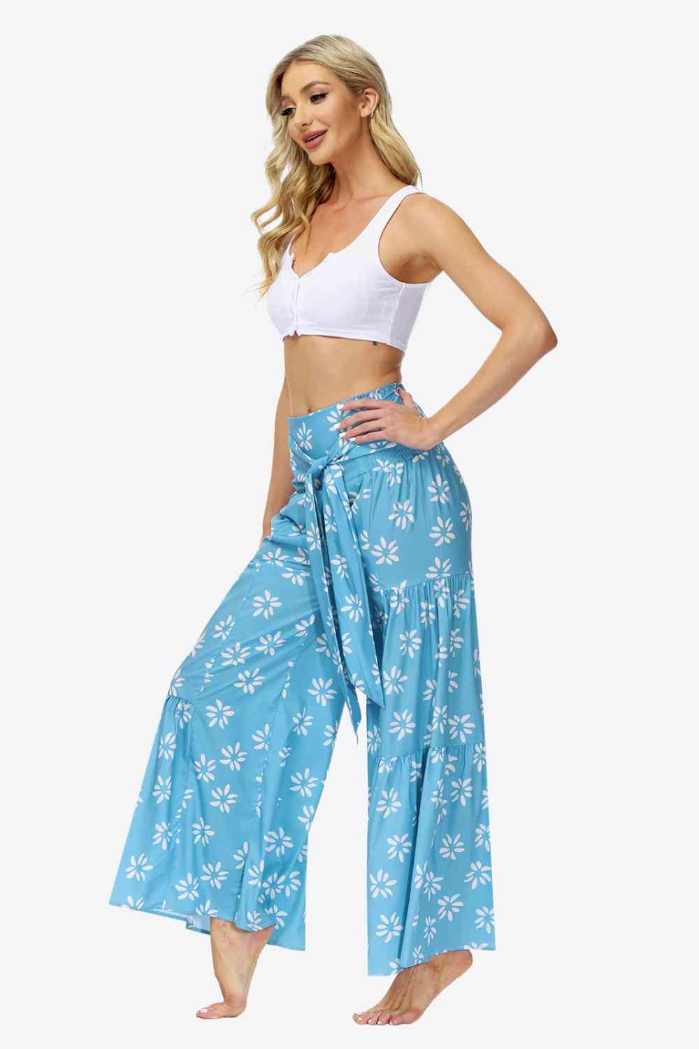 Floral Tie-Waist Tiered Culottes