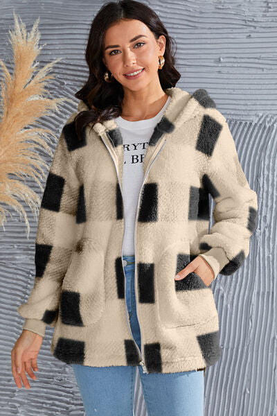 Double Take Full Size Plaid Long Sleeve Hooded Coat