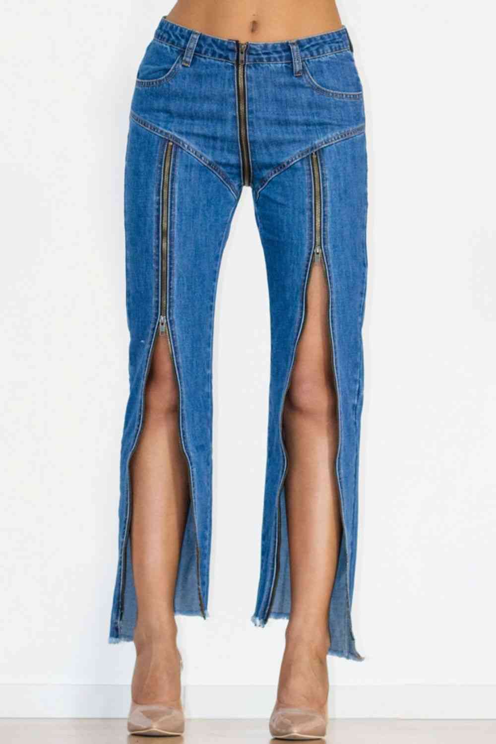 Zip Detail Slit Long Jeans