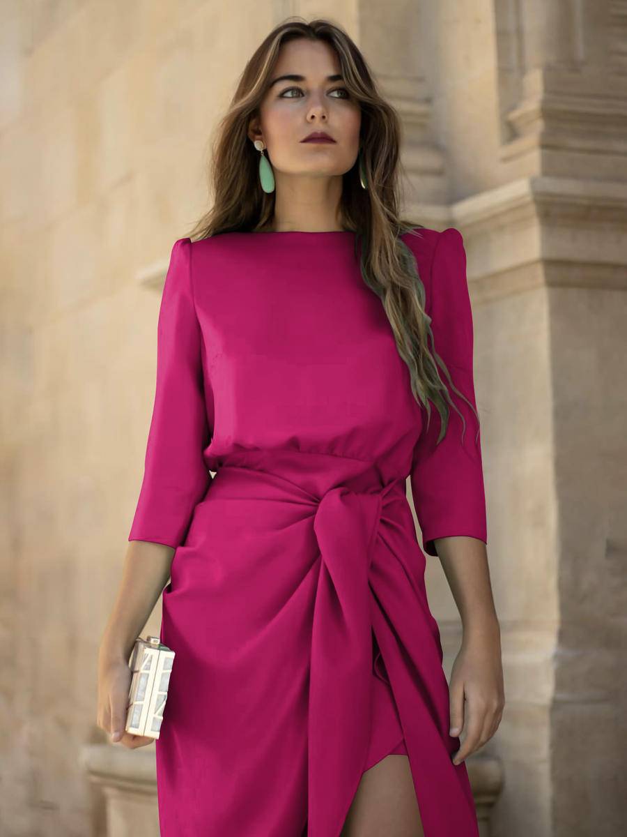 3/4 Sleeve Tie Waist Asymmetrical Dress