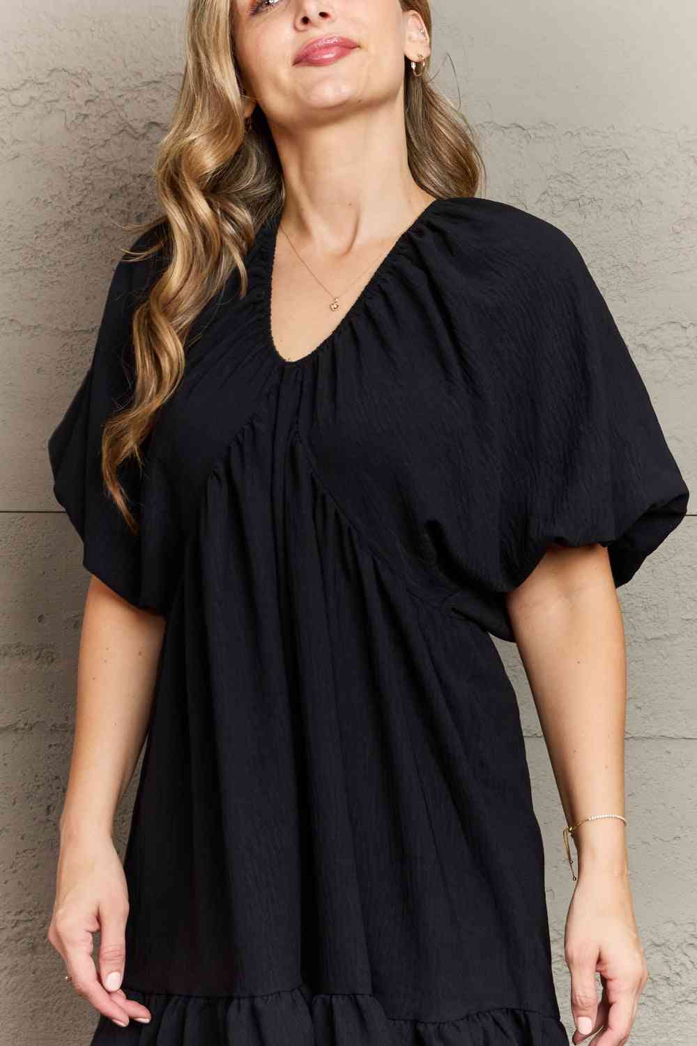 Hailey & Co Comfort Cutie Double V-Neck Puff Sleeve Mini Dress