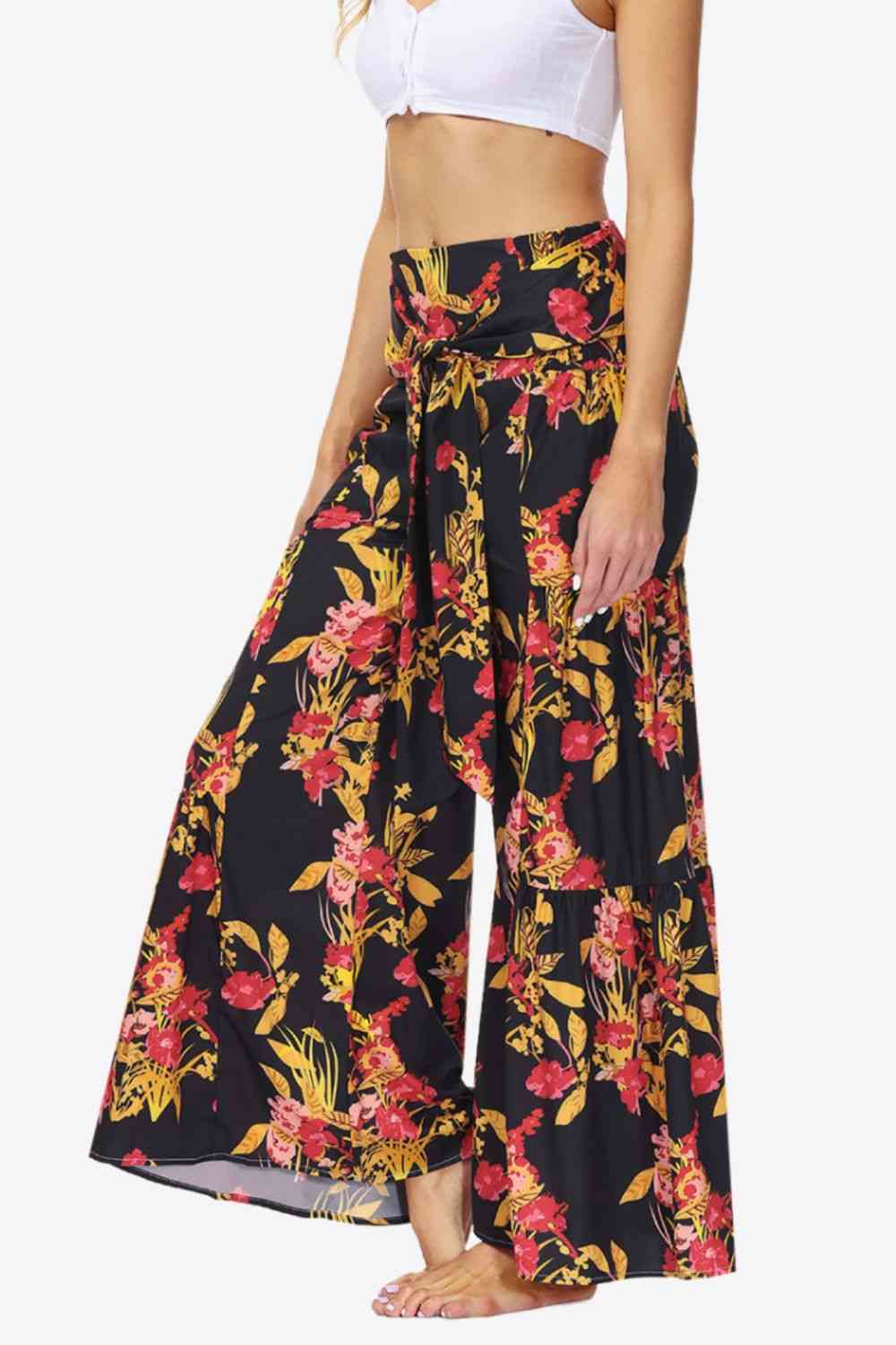 Floral Tie-Waist Tiered Culottes