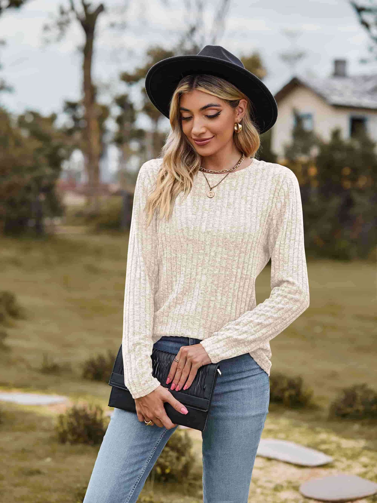 Ribbed Round Neck Long Sleeve Tee