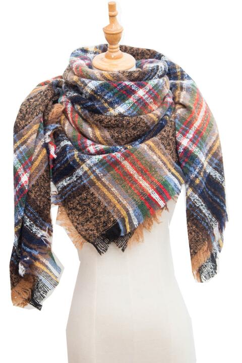 Plaid Raw Hem Polyester Scarf