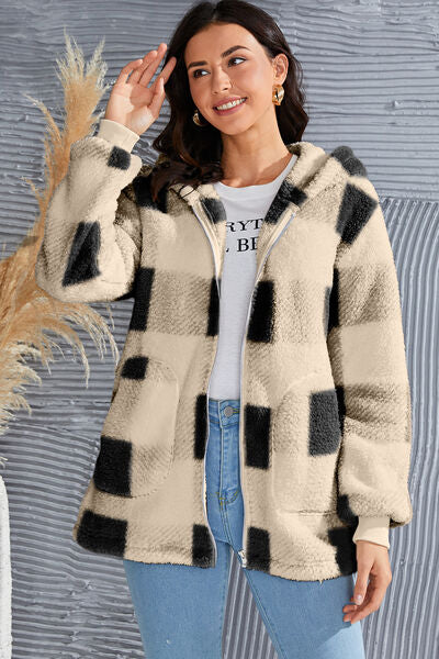 Double Take Full Size Plaid Long Sleeve Hooded Coat