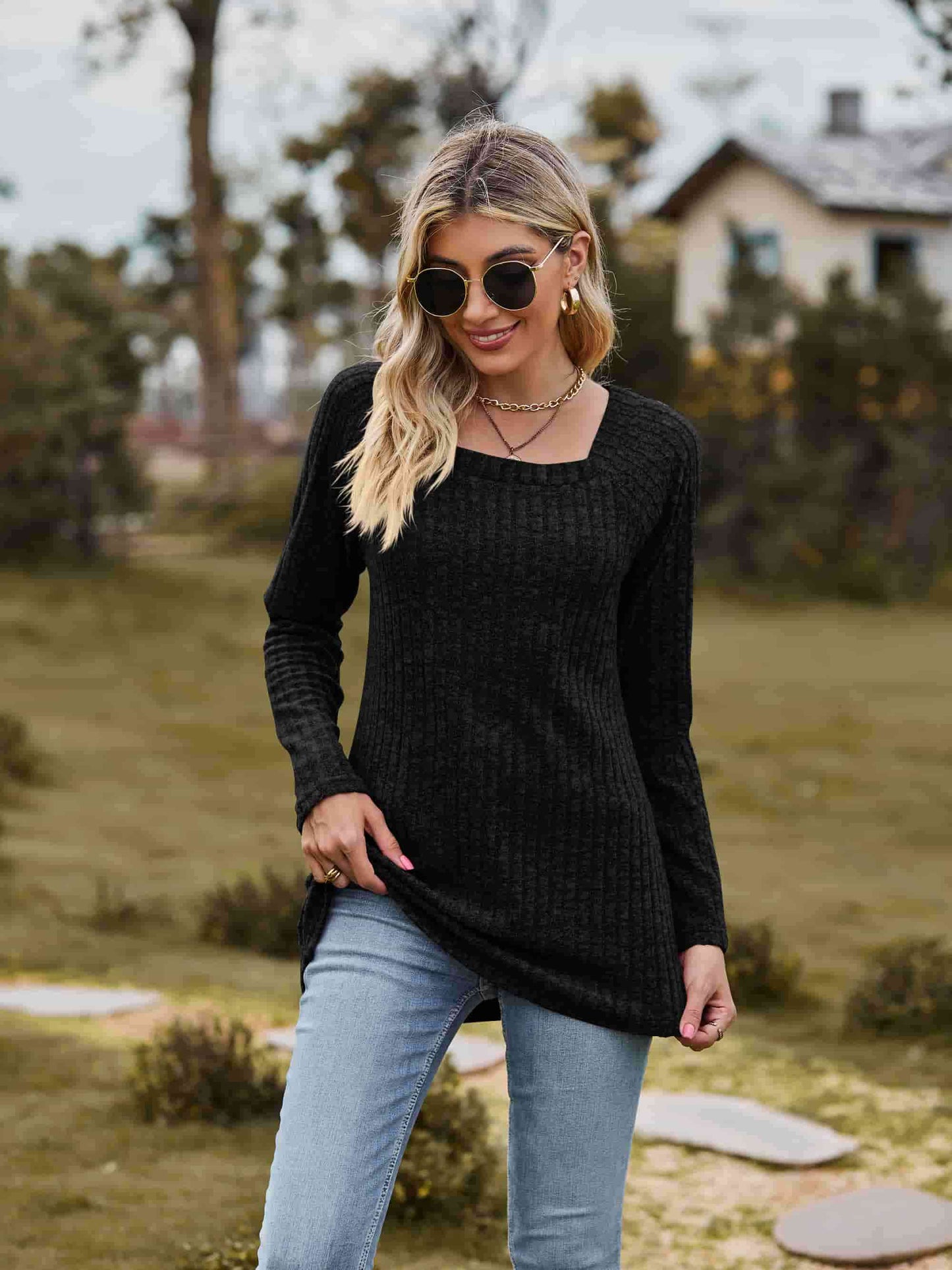 Ribbed Square Neck Long Sleeve Tee