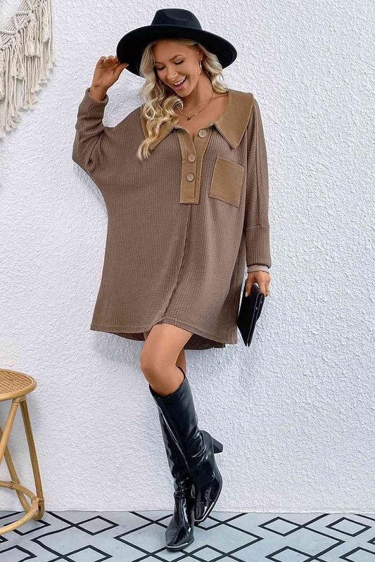 Waffle Knit Buttoned Long Sleeve Top with Breast Pocket