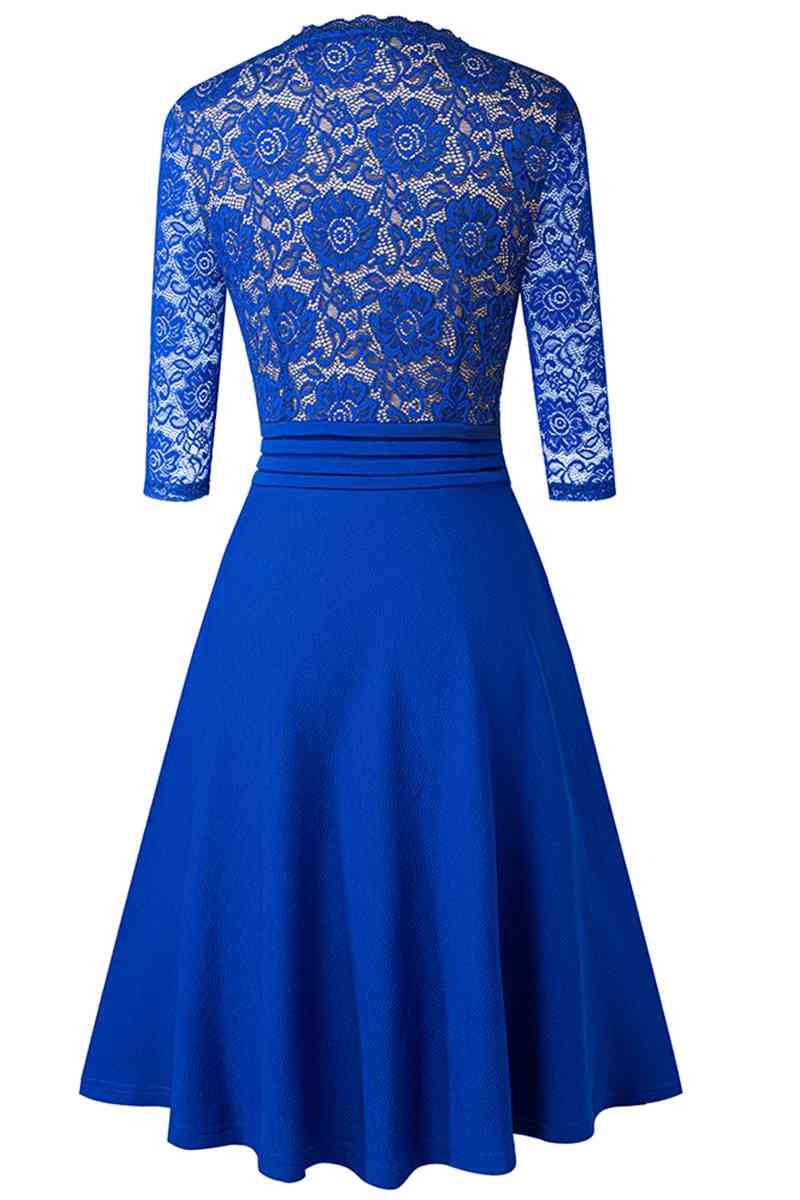 V-Neck Lace Detail Knee-Length Dress