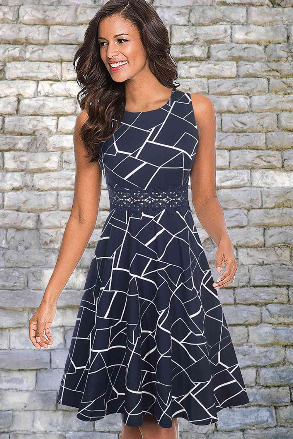 Printed Smocked Waist Sleeveless Dress