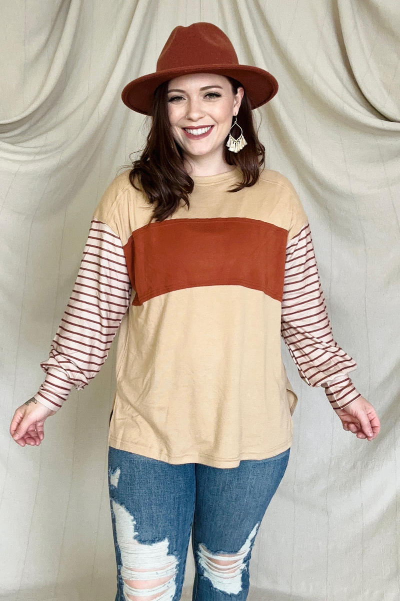 Round Neck Colorblock Striped Bishop Sleeve Top