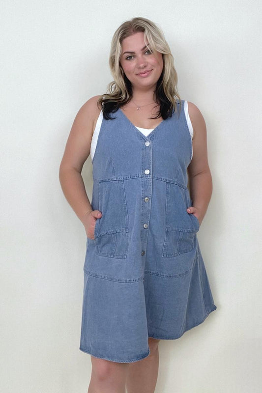 Davi & Dani Button Front Adjustable Strap Denim Dress