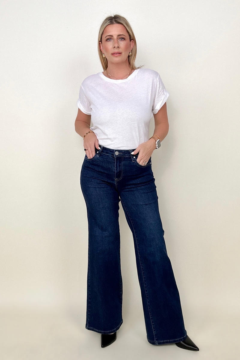 Risen Mid-Rise Wide Leg Dark Wash Jeans