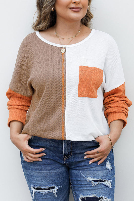 Plus Size Color Block Textured Patchwork Top With Pocket