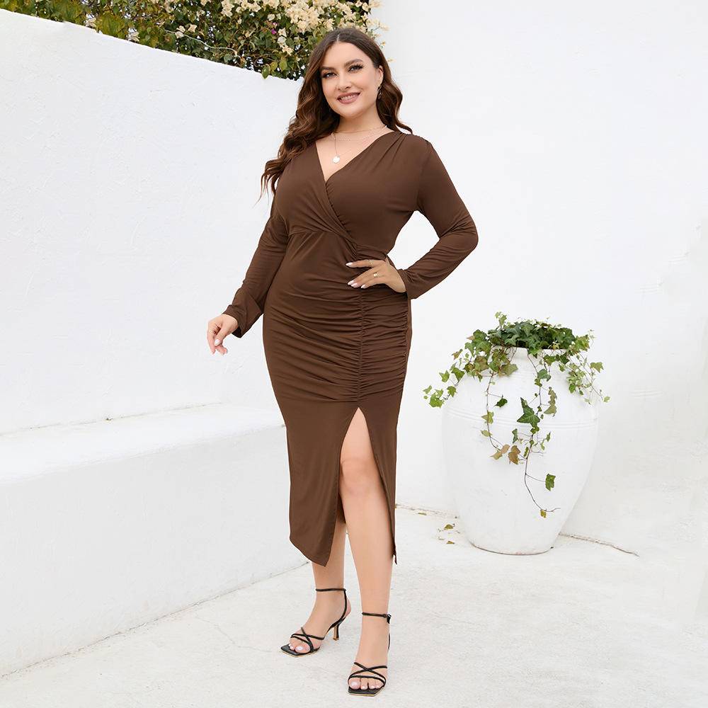 Plus Size V-neck Gathering Slit Dress