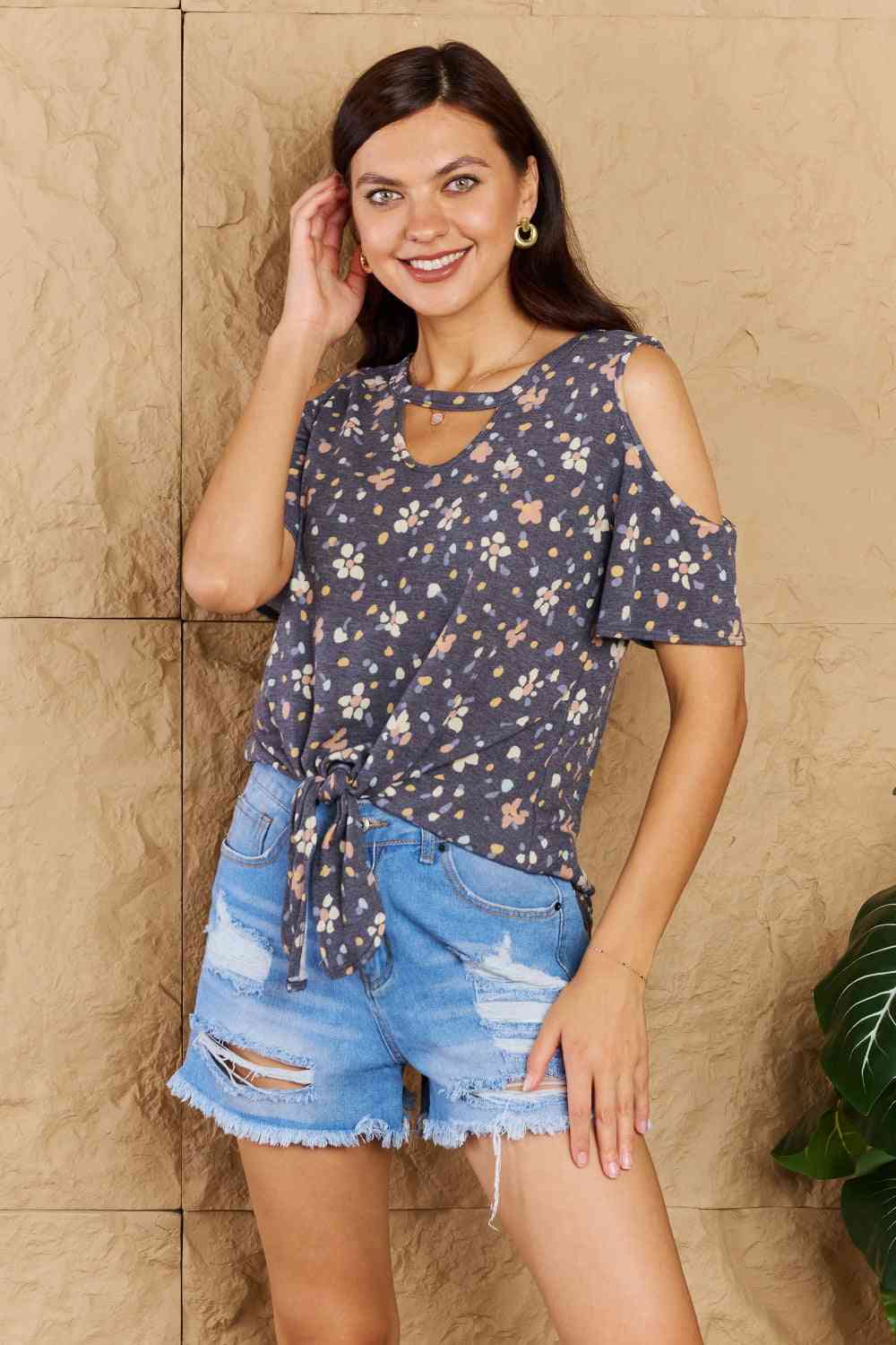 Heimish On My Own Full Size Cold Shoulder Keyhole Floral Print Top