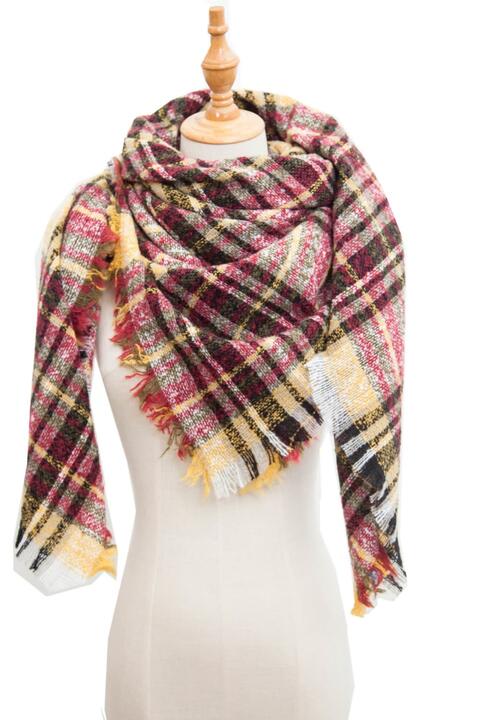 Plaid Raw Hem Polyester Scarf