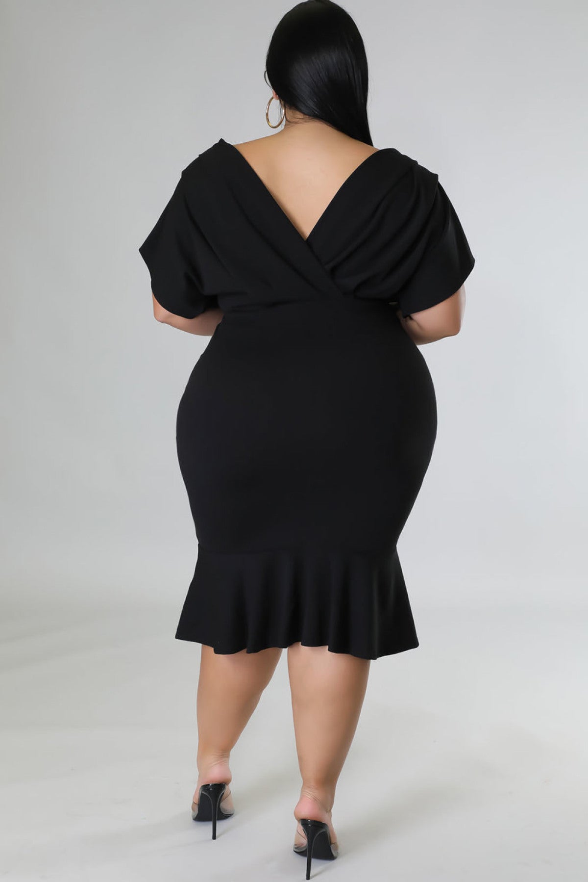 Plus Size Pleated V Neck Ruffle Hem Dress