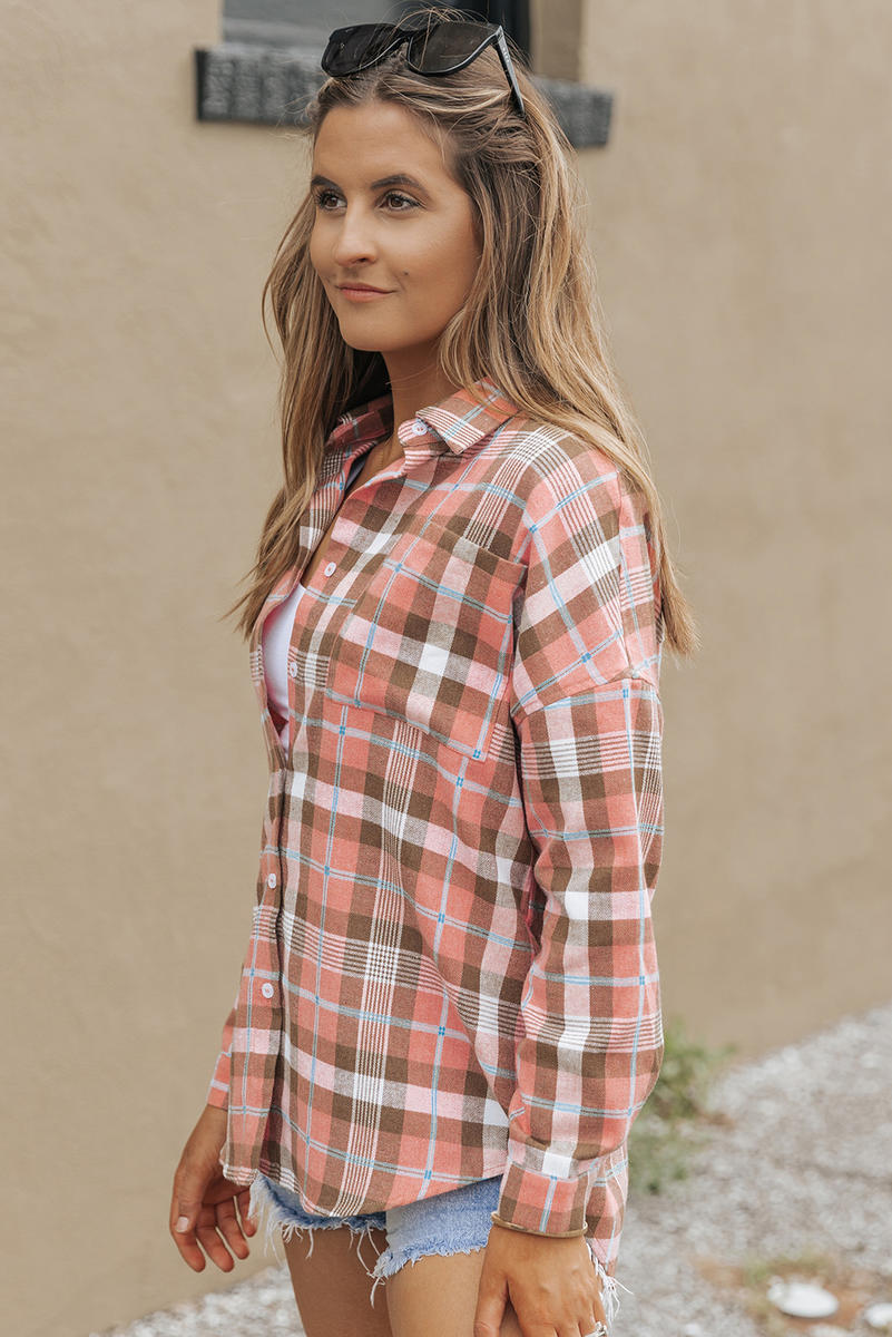 Drop Shoulder Rounded Hem Plaid Pattern Shirt