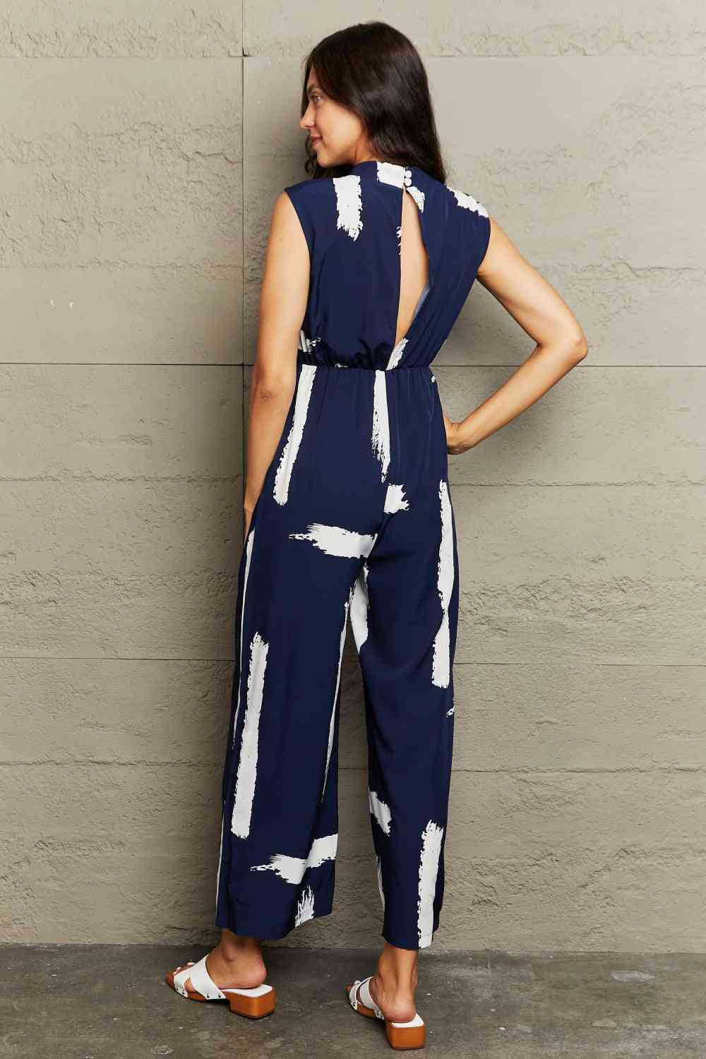 Printed Round Neck Cutout Jumpsuit with Pockets