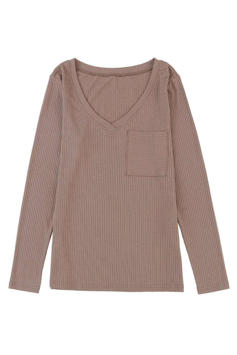 Ribbed Knit Long Sleeve V Neck Top With Chest Pocket