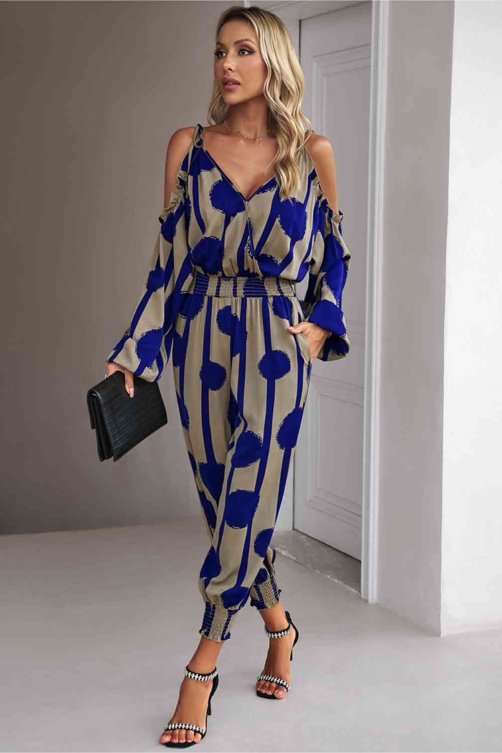 Printed Cold-Shoulder Surplice Neck Jumpsuit